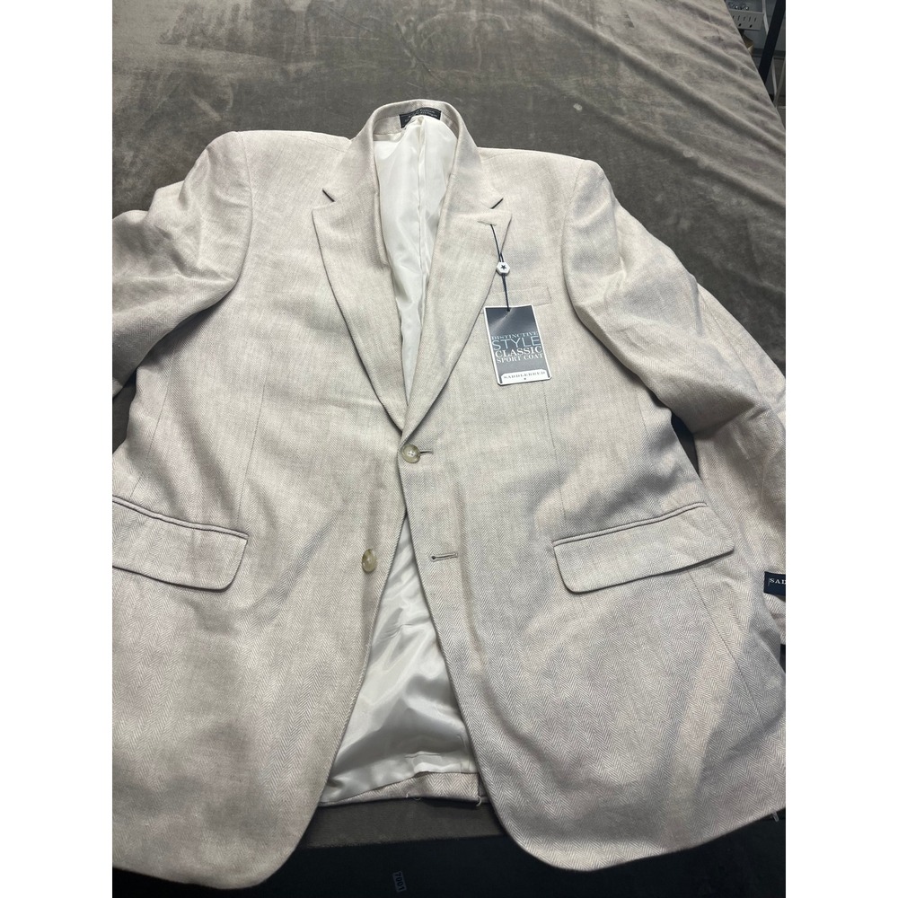 Saddlebred Mens 44R Sport Coat Tan White Herringbone Linen Blend Blazer NWT